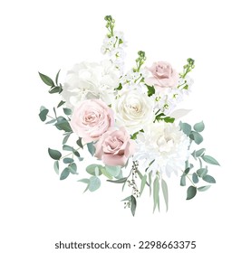 Silver sage green and blush pink flowers vector design bouquet. Dusty mauve rose, white dahlia, hydrangea, matthiola, eucalyptus, greenery. Wedding floral watercolor. Isolated and editable elements