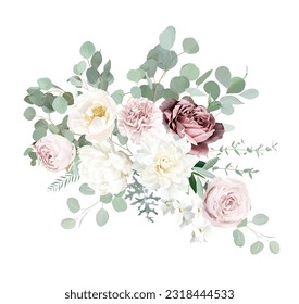 Silver sage green and blush pink flowers vector design bouquet. Dusty mauve rose, white dahlia, carnation, peony, ranunculus, eucalyptus, greenery. Wedding floral watercolor. Isolated and editable
