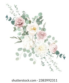 Buquet de diseño vectorial de flores verde sabio plateado y rosa rubor. Rosa de malva turbia, dalia blanca, clavel, peonía, ranunculus, eucalipto, vegetación. Acuarela floral casera. Aislado y editable