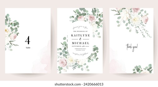 Silver sage green and blush pink flowers vector design frames. Dusty rose, white carnation, mauve rose, ranunculus, eucalyptus, greenery. Wedding floral garland. Watercolor. Isolated and editable