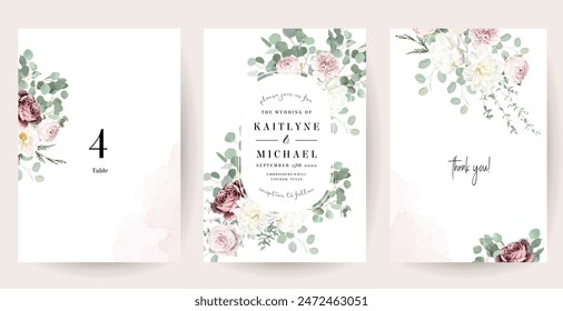 Silver sage green and blush pink flowers vector design frames. Dusty rose, white carnation, mauve rose, ranunculus, eucalyptus, greenery. Wedding floral garland. Watercolor. Isolated and editable