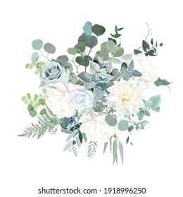 Silver sage green, mint, blue, white flowers vector design spring bouquet. Peony, rose, beige dahlia, succulent, eucalyptus, greenery. Wedding floral garland. Pastel watercolor. Isolated and editable