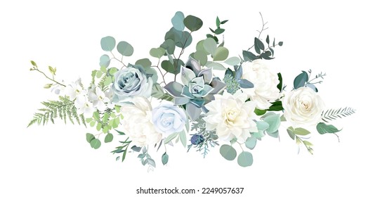 Silver sage green, mint, blue, white flowers vector design spring bouquet. Peony, rose, beige dahlia, succulent, eucalyptus, greenery. Wedding floral garland. Pastel watercolor. Isolated and editable