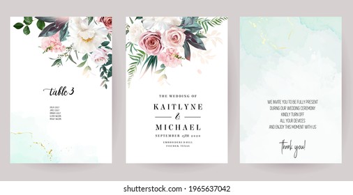 Silver sage green, mint, blush pink flowers vector design spring cards. White peony, hydrangea, dusty pink rose, leaves, eucalyptus, greenery. Floral wedding frames. Elements are isolated and editable