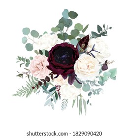 Silver Sage Green, Pink Blush, Burgundy Red And White Flowers Vector Design Bouquet. Peony, Rose, Camellia, Ranunculus, Eucalyptus, Greenery. Wedding Floral Garland. Watercolor. Isolated And Editable