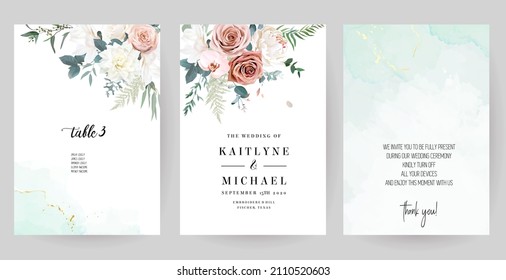 Tarjetas de resorte de diseño de vectores de flores blancas, verdes y rosas plateadas. Peón blanco, dalia, rosa, magnolia, orquídea, eucalipto, vegetación. Marcos florales de boda. Los elementos están aislados y se pueden editar