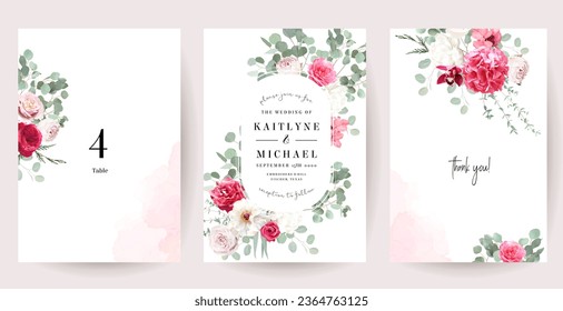 Silver sage green and trendy barbie pink flowers vector design frames. Rose, white peony, orchid, hydrangea, ranunculus, eucalyptus, greenery. Wedding floral garland. Watercolor. Isolated and editable - Shutterstock ID 2364763125