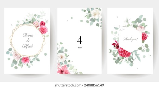 Silver sage green and trendy barbie pink flowers vector design frames. Rose, white peony, orchid, hydrangea, ranunculus, eucalyptus, greenery. Wedding floral garland. Watercolor. Isolated and editable