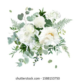 Silver sage green and white flowers vector design spring herbal bouquet. Ivory peony, dahlia, tulip, hydrangea, eucalyptus, greenery. Wedding floral garland. Pastel watercolor. Isolated and editable