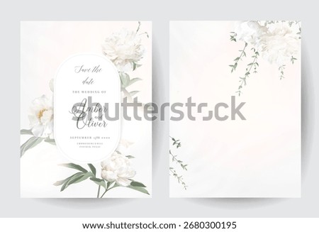 Silver sage and white flowers vector round frames. Creamy beige and dusty white peony, eucalyptus. Wedding spring floral. Pastel watercolor marbled background. All elements are isolated and editable