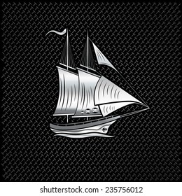 silver sailing ship on metal background