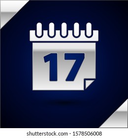 Silver Saint Patrick's day with calendar icon isolated on dark blue background. Date 17 March.  Vector Illustration