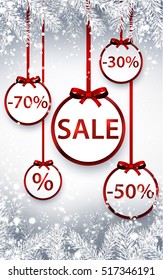 Silver sale background with red ribbon. Vector illustration.