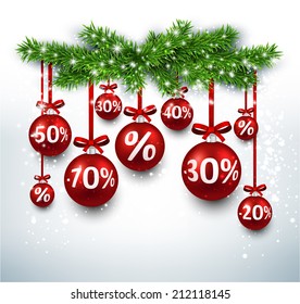 Silver sale illustration with fir twigs and colorful balls. Vector background.