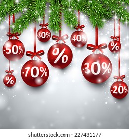 Silver sale illustration with fir twigs and colorful balls. Vector background. 