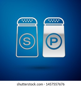 Silver Salt and pepper icon isolated on blue background. Cooking spices.  Vector Illustration