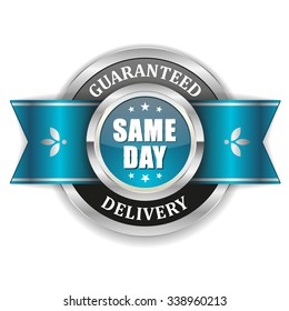 Silver same day delivery badge with light blue ribbon