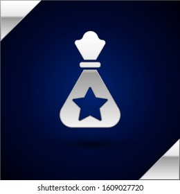Silver Santa Claus bag gift icon isolated on dark blue background. Christmas presents sack. Merry Christmas and Happy New Year.  Vector Illustration