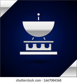 Silver Satellite dish icon isolated on dark blue background. Radio antenna, astronomy and space research.  Vector Illustration