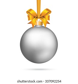 Silver satin bauble with tied bow.