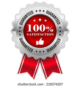 Silver satisfaction badge with red ribbon on white background