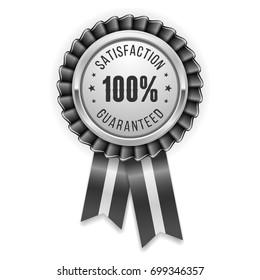 Silver satisfaction guaranteed badge / rosette with black ribbon