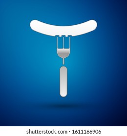 Silver Sausage on the fork icon isolated on blue background. Grilled sausage and aroma sign.  Vector Illustration