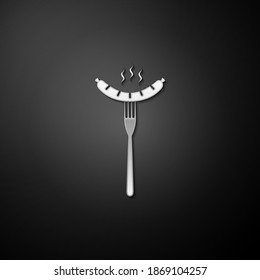 Silver Sausage on the fork with steam icon isolated on black background. Grilled sausage and aroma sign. Long shadow style. Vector.