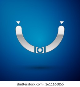 Silver Sausage with steam icon isolated on blue background. Grilled sausage and aroma sign.  Vector Illustration