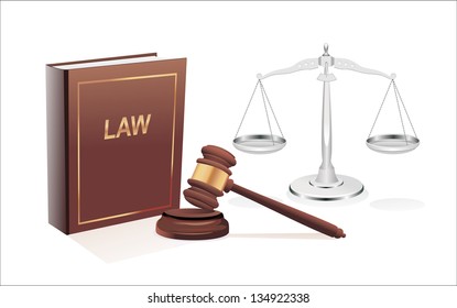 Silver scales of justice, gavel and book isolated on white