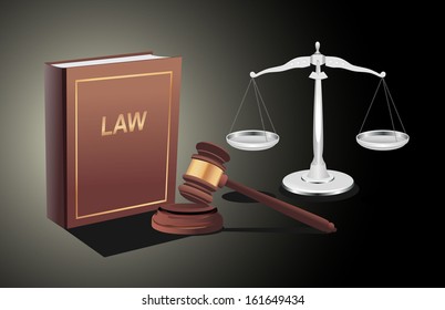 Silver scales of justice, gavel and book