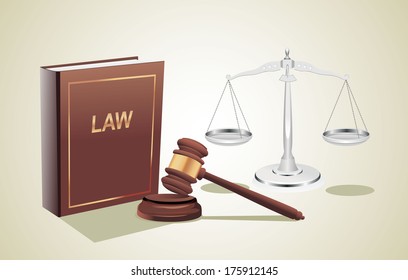 Silver scales of justice, gavel and book