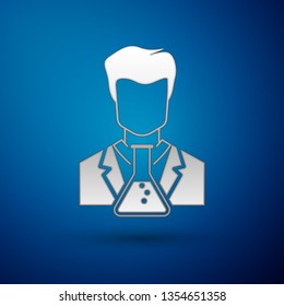 Silver Scientist and test tube icon isolated on blue background. Scientist chemist analyzes laboratory flask. Vector Illustration