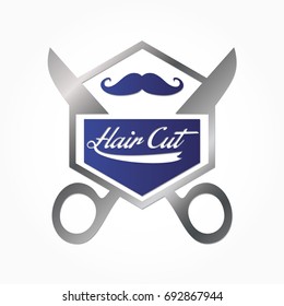 silver scissor with mustache and hexagonal frame for hair cut logo vector