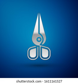 Silver Scissors icon isolated on blue background. Cutting tool sign.  Vector Illustration