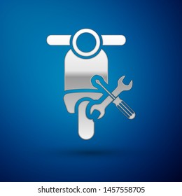 Silver Scooter with screwdriver and wrench icon isolated on blue background. Adjusting, service, setting, maintenance, repair, fixing.  Vector Illustration
