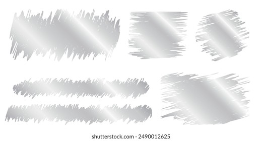 Silver scraped scratchcard textures. Collection of shining metallic scratch card, lucky game ticket, lotto winner, money prize or sale coupon surfaces isolated on white background. Vector illustration