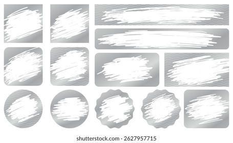 Silver scratch card shapes, scraped texture effect. Vector set of metallic scratch-off templates for lotteries, prize money, and discount coupons. Isolated on transparency background. Vector EPS10