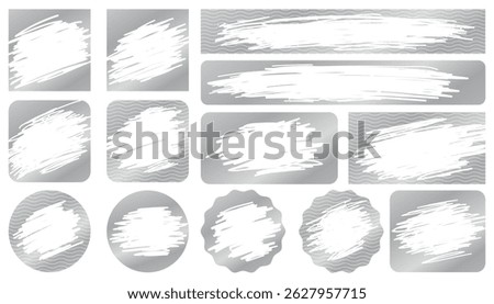 Silver scratch card shapes, scraped texture effect. Vector set of metallic scratch-off templates for lotteries, prize money, and discount coupons. Isolated on transparency background. Vector EPS10