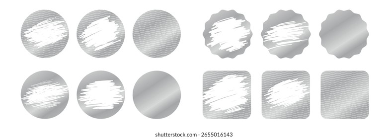 Silver scratch cards, scraped texture effect. Vector set of metallic scratch-off templates for lotteries, prize money, and discount coupons. Isolated on transparent background.