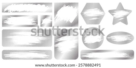 Silver scratch cards, scraped texture effect. Vector set of metallic scratch-off templates for lotteries, prize money, and discount coupons. Isolated on transparency background.