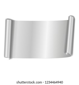 Silver scroll isolated on white background. Gray paper roll banner 3D. Ribbon design for Christmas frame, New Year decoration, curved retro border. Smooth realistic texture Vector illustration