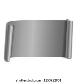 Silver scroll isolated on white background. Gray paper roll banner 3D. Ribbon design for Christmas frame, New Year decoration, curved retro border. Smooth realistic texture Vector illustration
