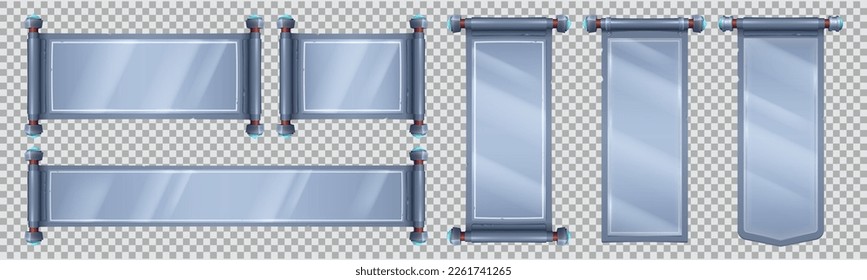 Silver scroll paper set, banner vector illustration isolated on transparent background. Royal parchment or manuscript template, antique book rolled on rods, game design element with metallic texture