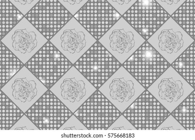 Silver seamless chess styled vintage texture with clove flowers and shining rounds. Vector illustration