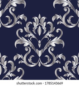 Silver seamless floral pattern  on a dark blue background