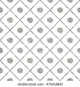 Silver seamless pattern of diagonal lines and circle, grunge silvery background of stripes, points, cage, hand painted vector for invitation, card, wedding, holiday, web, party, paper, wrapping
