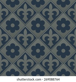 Silver seamless pattern on a dark blue background. Royal elements in a gothic style. Decoration for wallpaper, fabrics, tiles and mosaics. Vector illustration