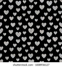 Silver seamless pattern of random hearts shape confetti. Design element for festive banner, greeting card, postcard, wedding invitation, Valentines day and save the date card. Vector illustration.