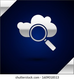 Silver Search cloud computing icon isolated on dark blue background. Magnifying glass and cloud.  Vector Illustration